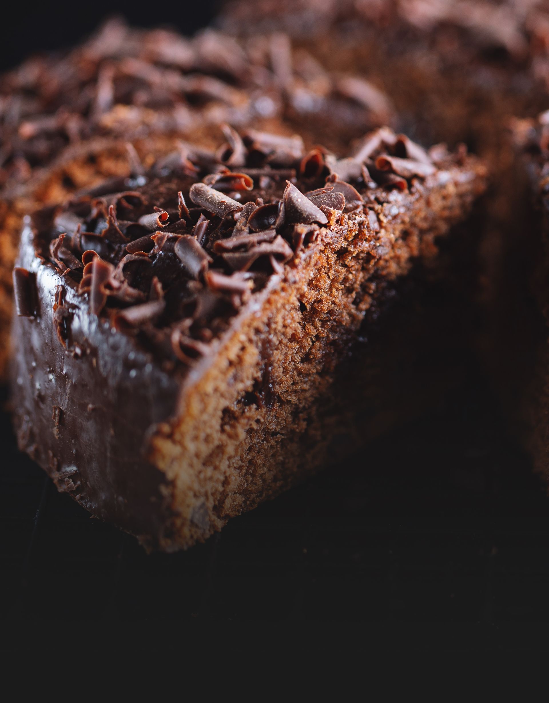 A close-up of a rich chocolate cake