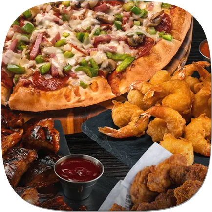 A platter featuring pizza, shrimp, and crispy chicken wings, served with dipping sauce