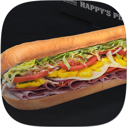 A Happy's Pizza sub sandwich with deli meats, lettuce, and fresh veggies on a black background