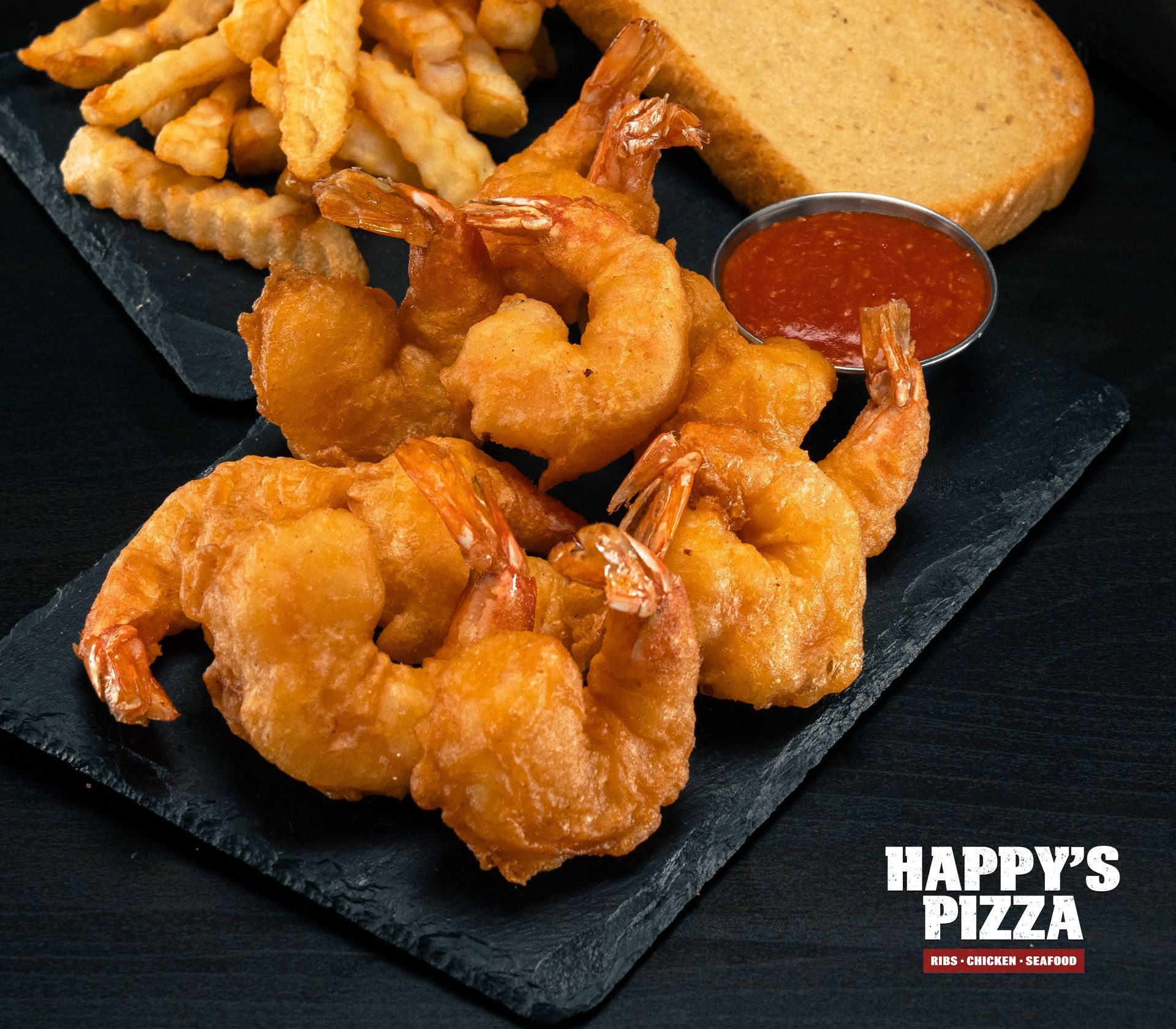 Fried shrimp and french fries from happy 's pizza