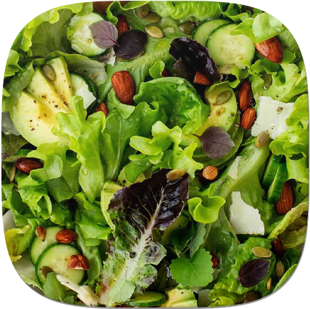 A fresh salad with lettuce, avocado slices, and almonds served in a bowl