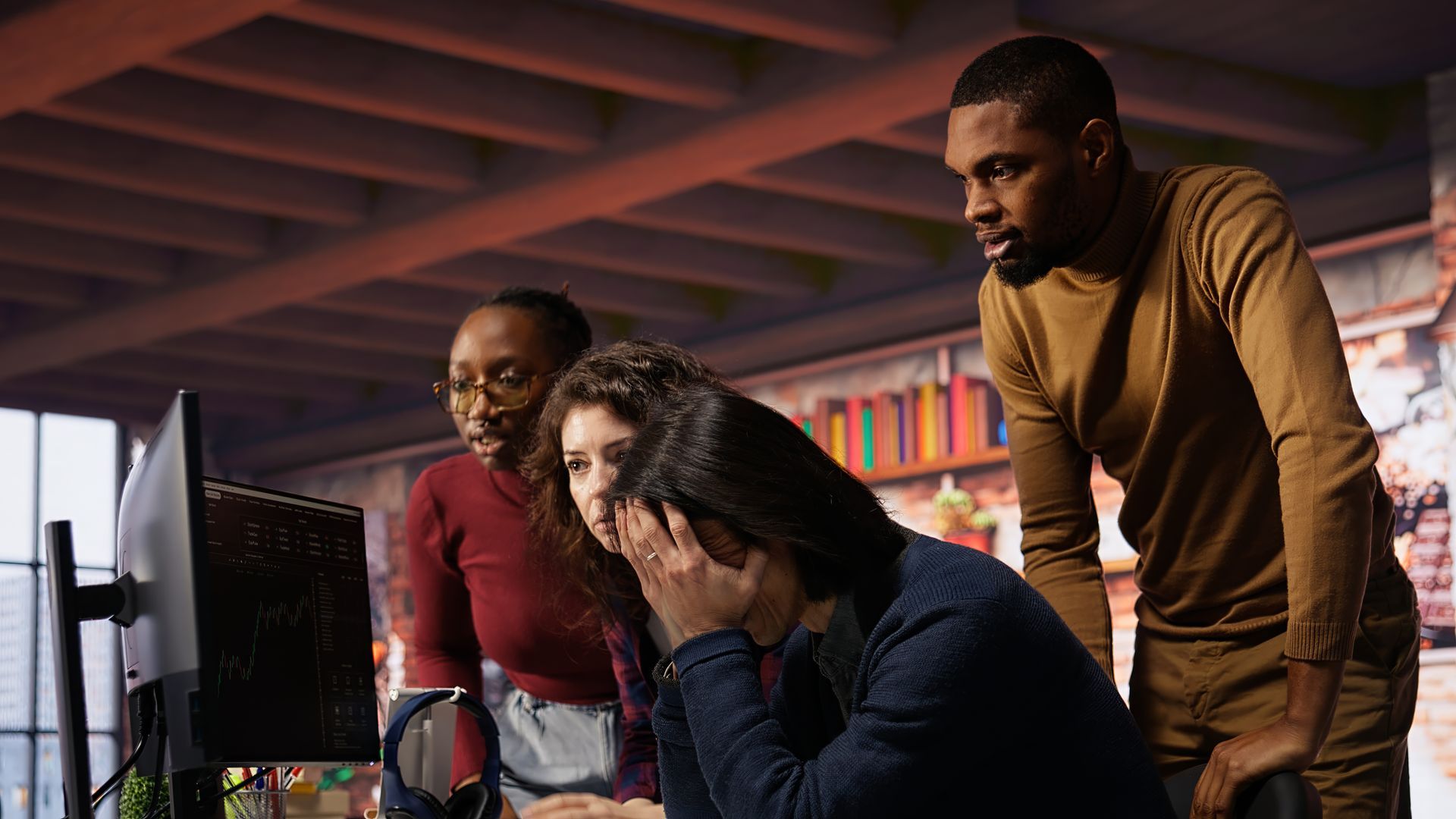 Um homem escreve em um quadro branco enquanto duas mulheres olham para um tablet.