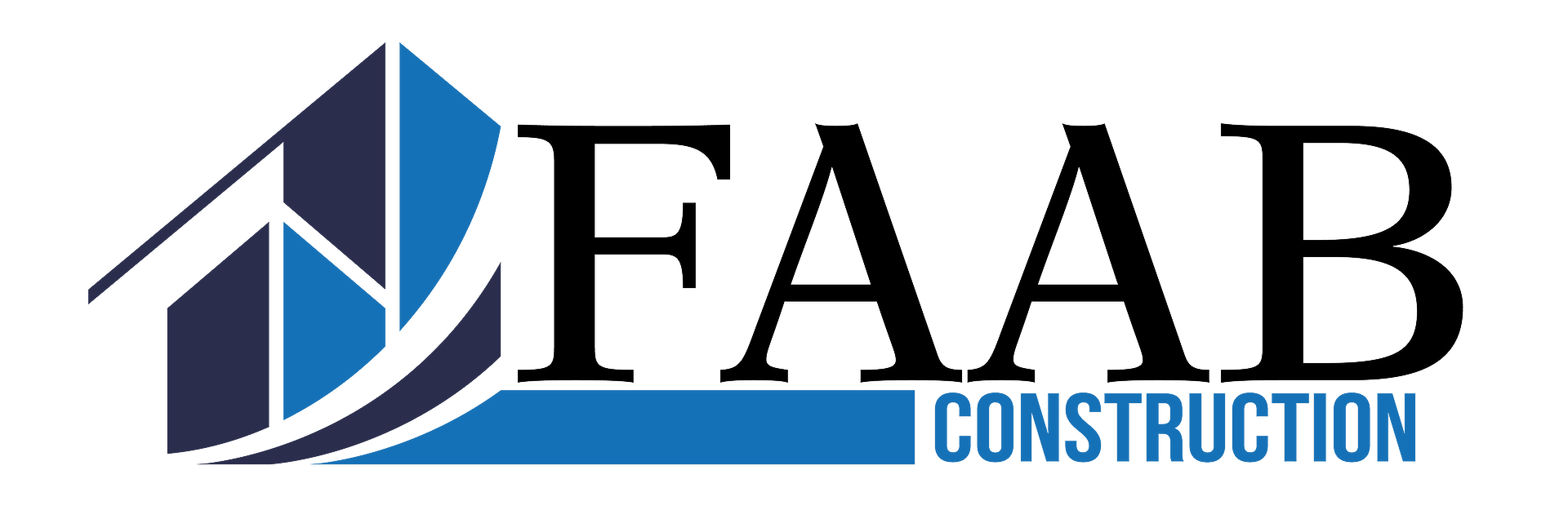 Logo pour FAAB Construction comportant une icône de maison abstraite en bleu et noir, avec le nom de l'entreprise en noir et « CONSTRUCTION » en bleu.