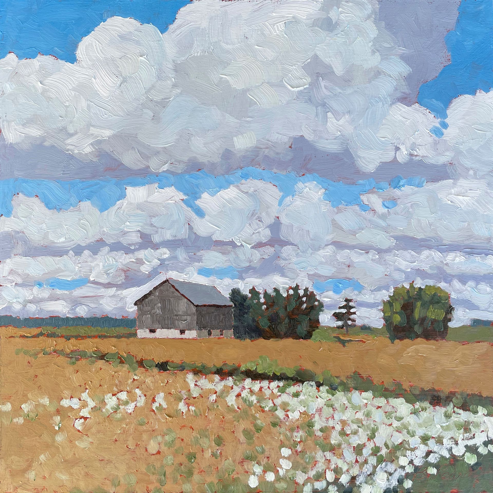 12 x 12 oil painting of a farm in the fall.