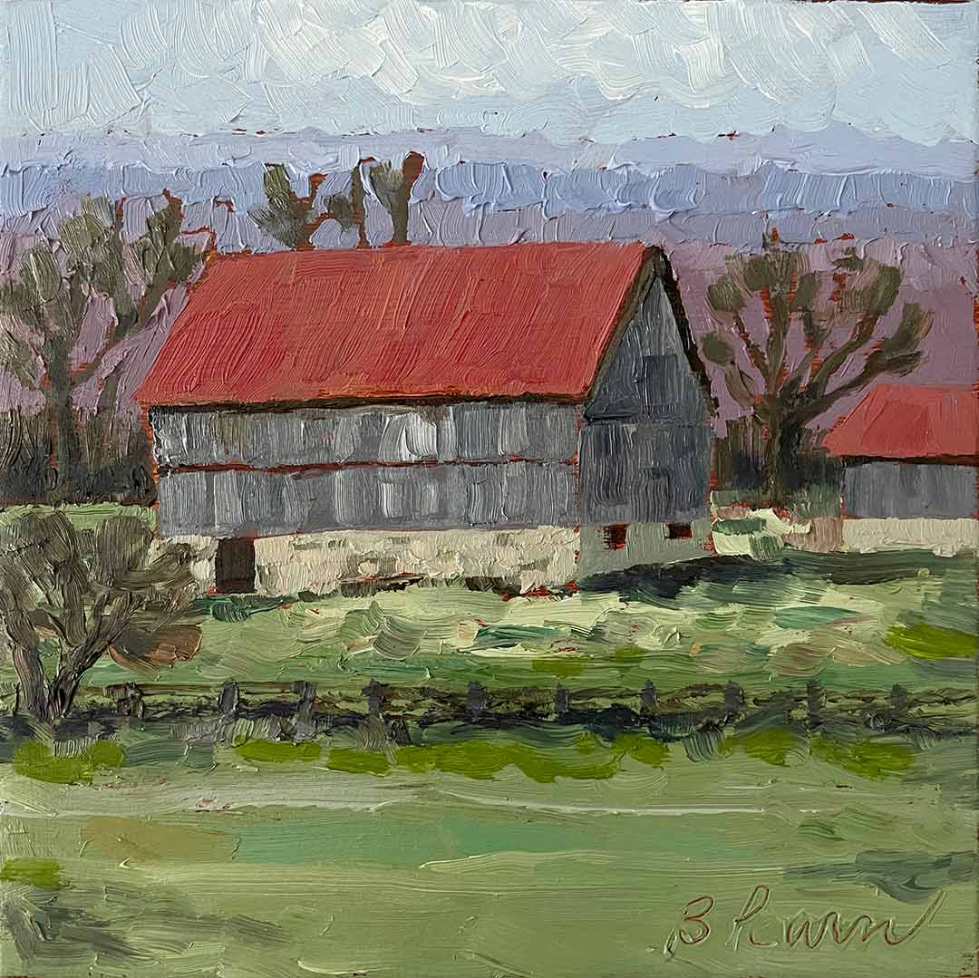 Barn oil painting with a distant view.