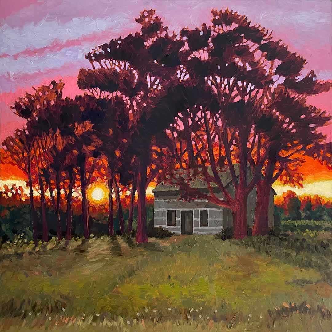 Enchanted oil painting of a log house at sunset.
