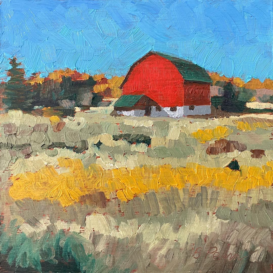 Fall meadow oil painting with red barn.
