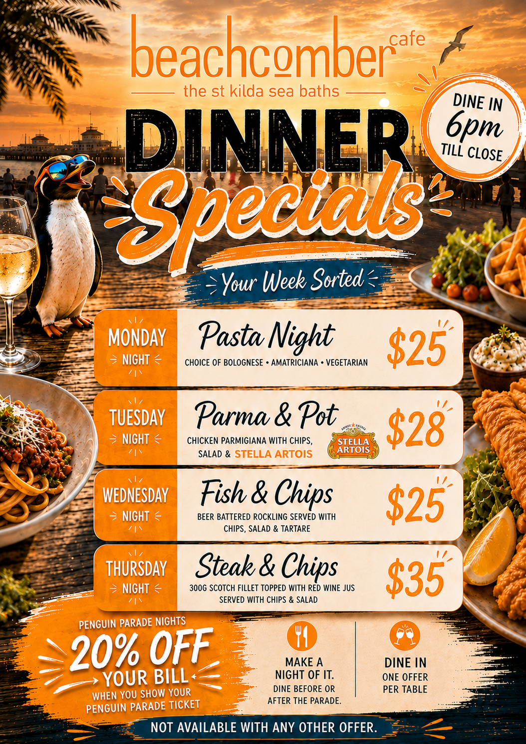 Dinner specials — Pasta Night, Parma & Pot, Fish & Chips and Steak & Chips, Monday to Thursday from 6pm