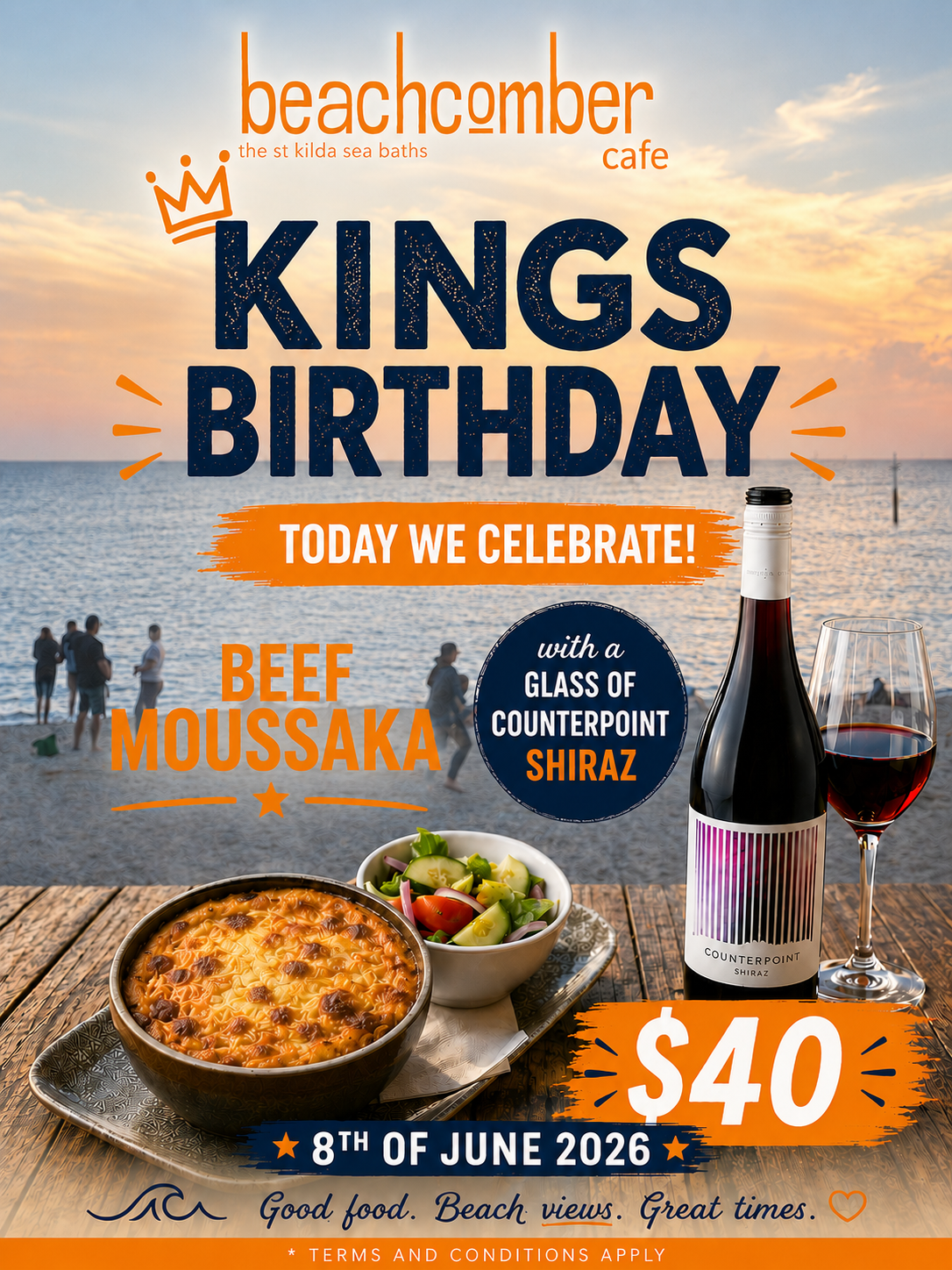 King's Birthday special — Beef Moussaka with a glass of Counterpoint Shiraz for $40 on 8 June 2026