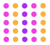 A grid of purple and orange polka dots on a white background