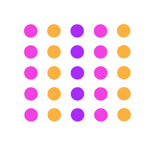 A grid of pink , orange and purple polka dots on a white background.