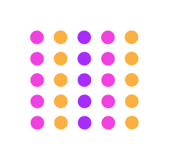 A square of pink , orange and purple polka dots on a white background.