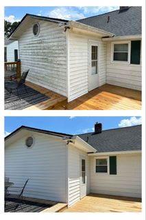 A before and after picture of a white house with a wooden deck and house wash.