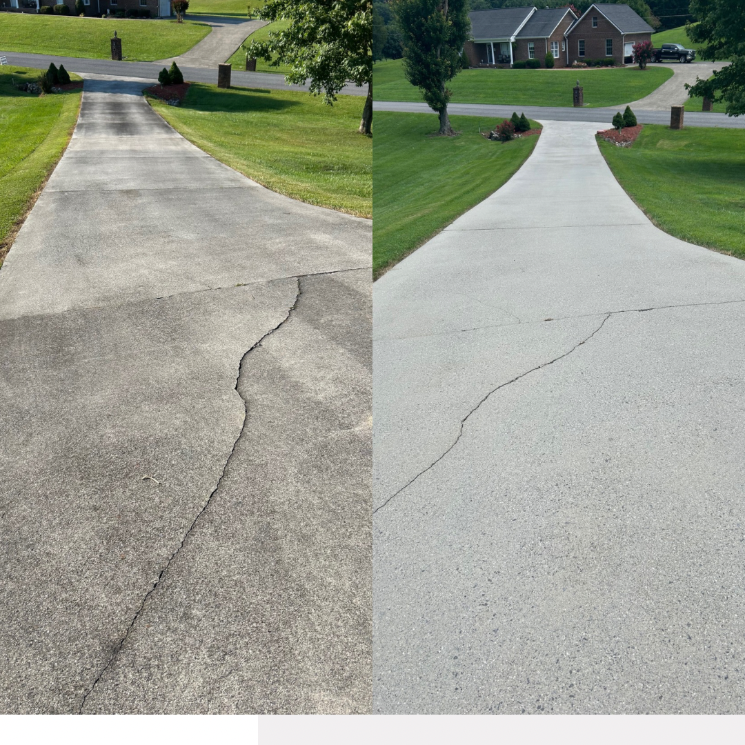 A before and after photo of a cleaned concrete driveway.