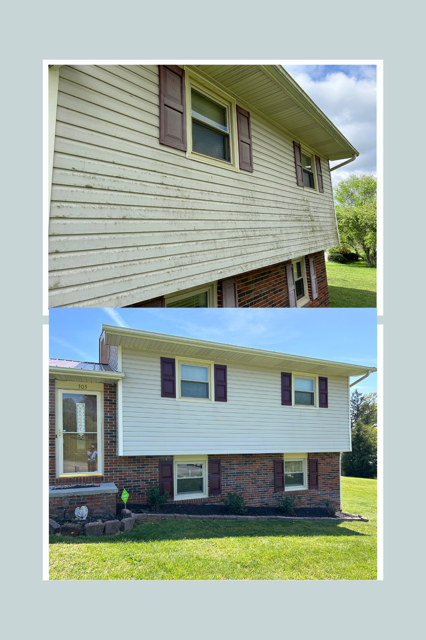 A before and after picture of a house with white siding and brown shutters.