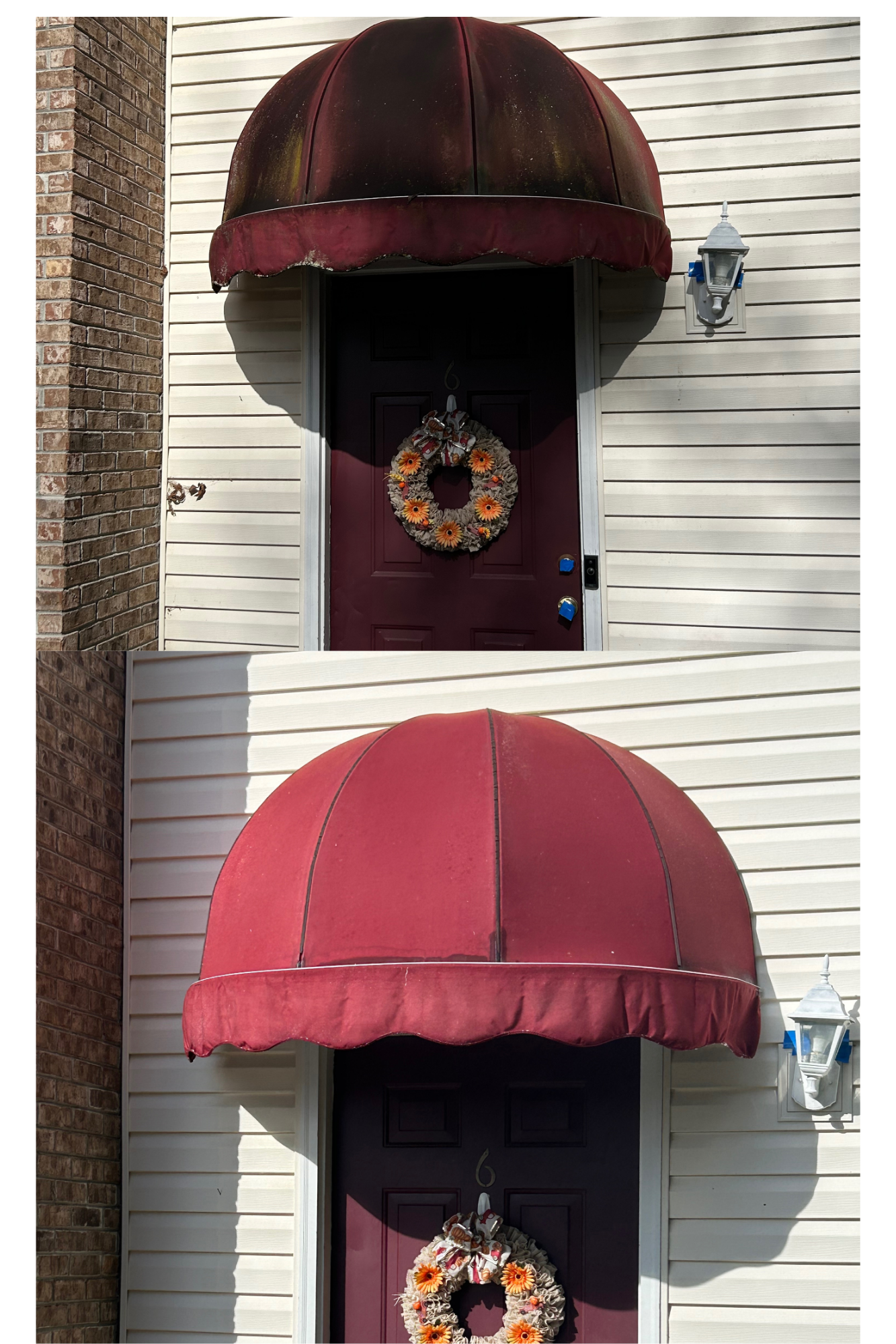 A before and after picture of a red awning over a door.