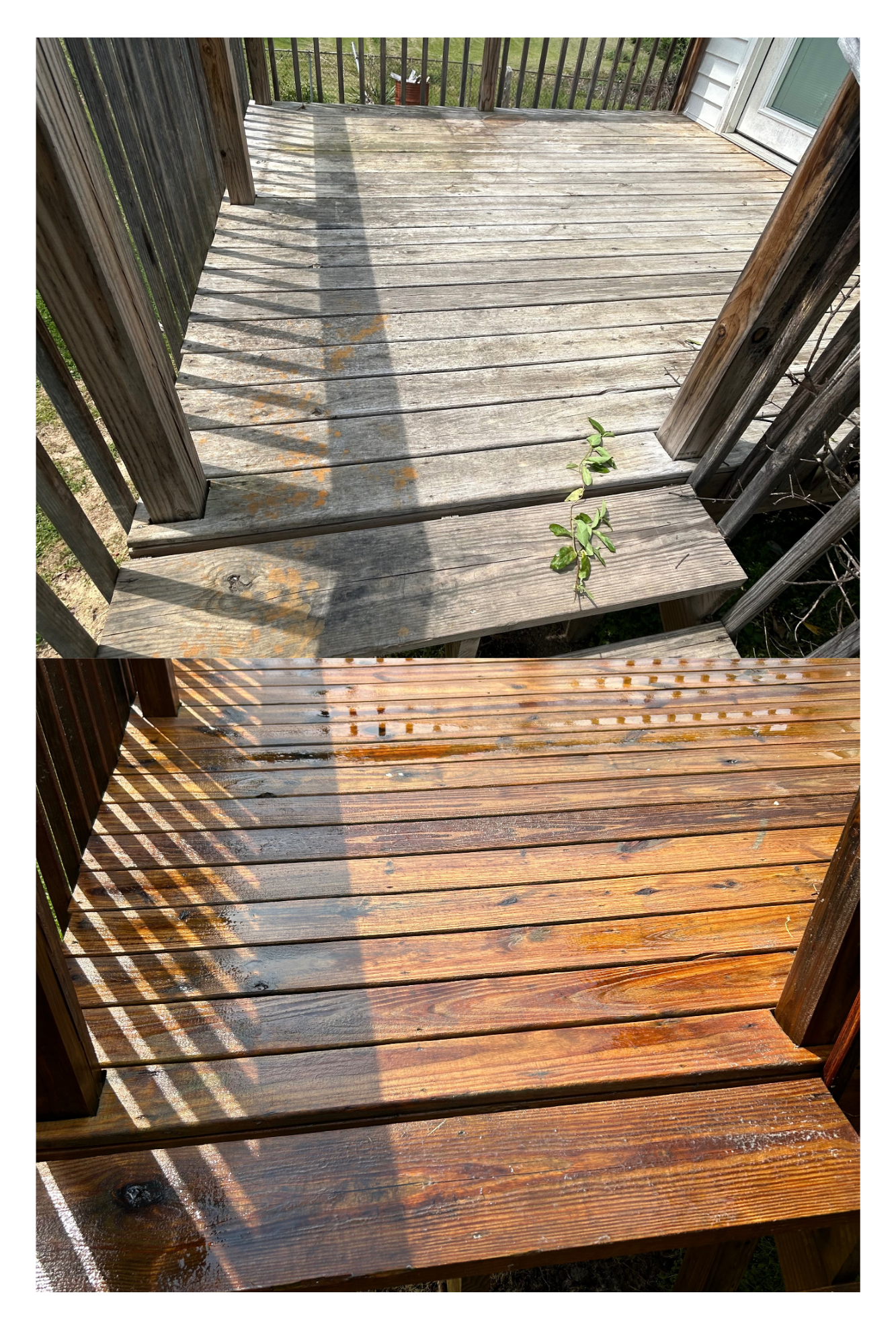A before and after picture of a wooden deck being cleaned.