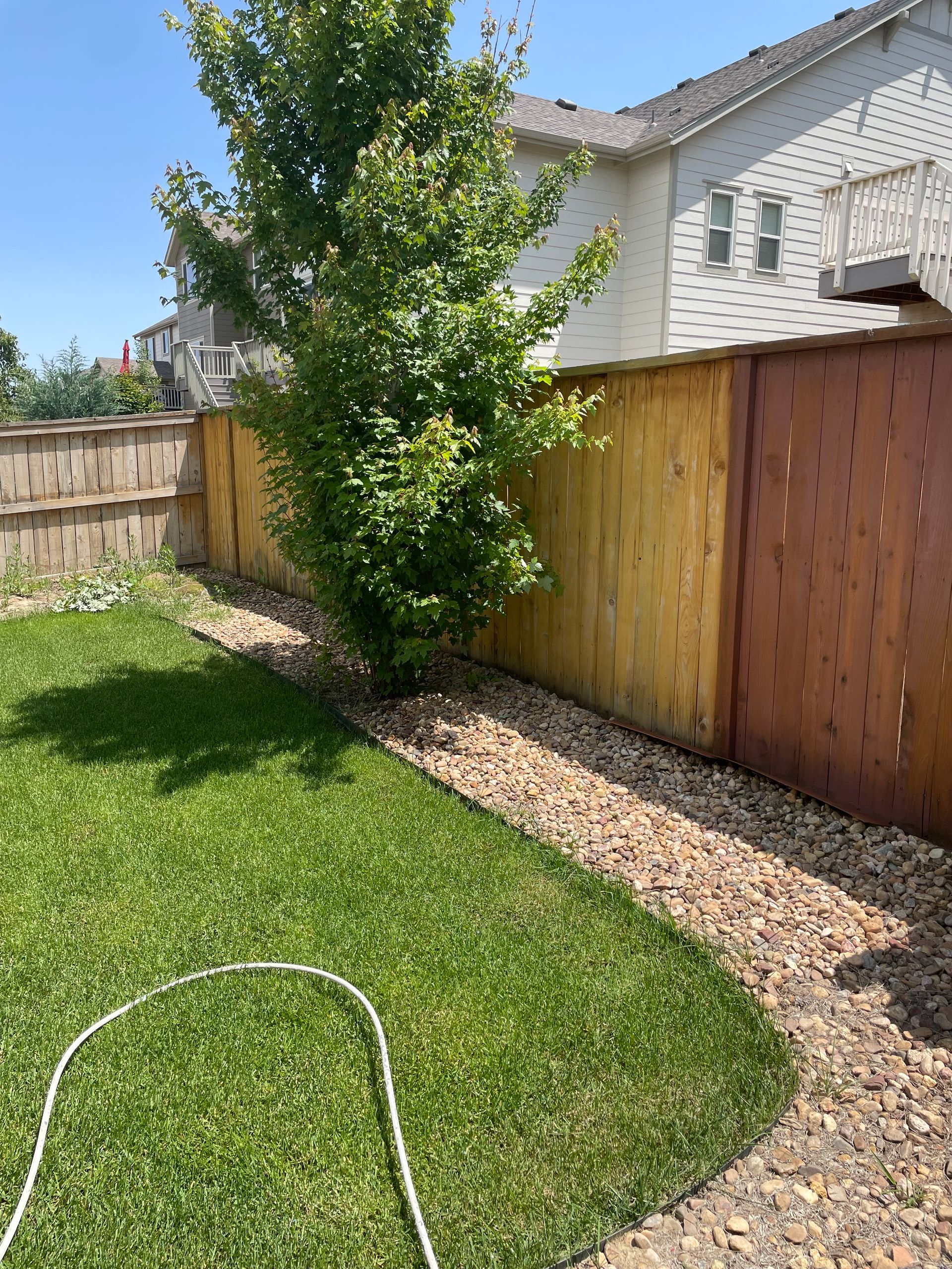 A Backyard With A Wooden Fence And A Hose In The Grass