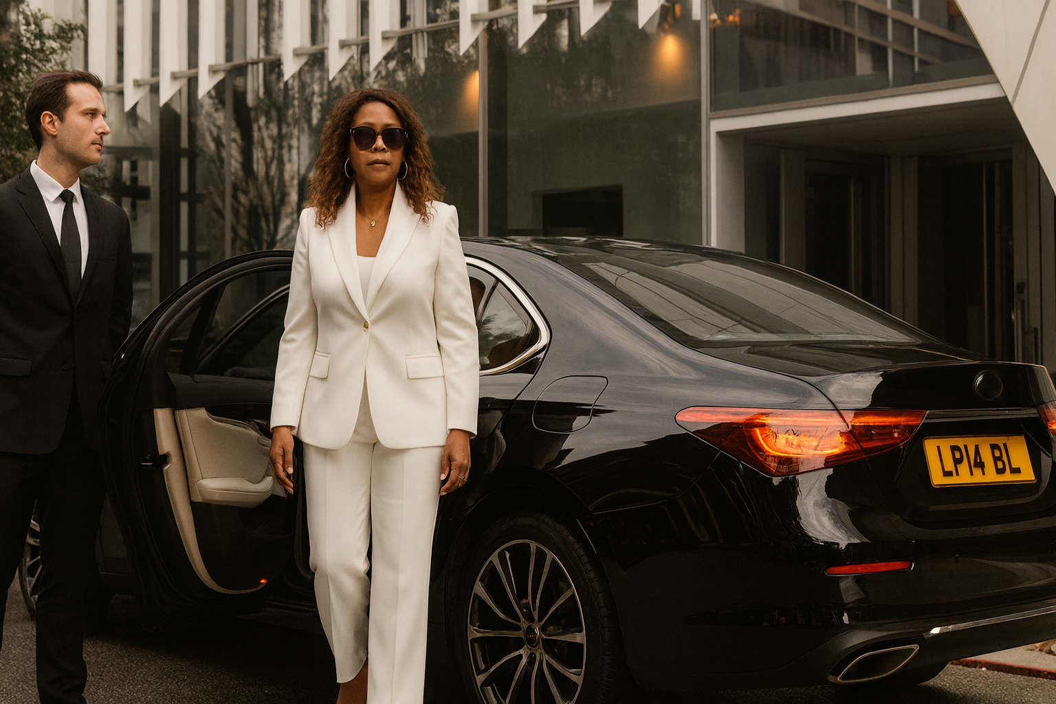 A man and a woman are standing next to a black car.