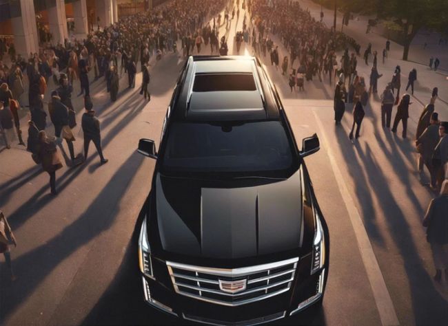 Black Cadillac SUV driving down a crowded street at sunset.