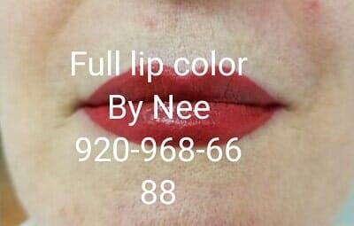 full red lip color - cosmetic lip color tattooing in Appleton, WI
