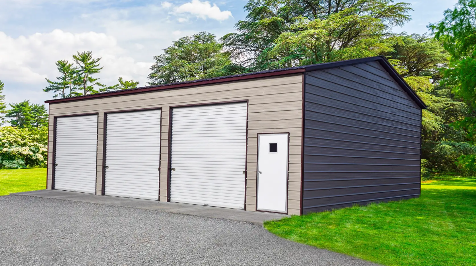 a row of white garage doors are lined up in a row on a sunny day .