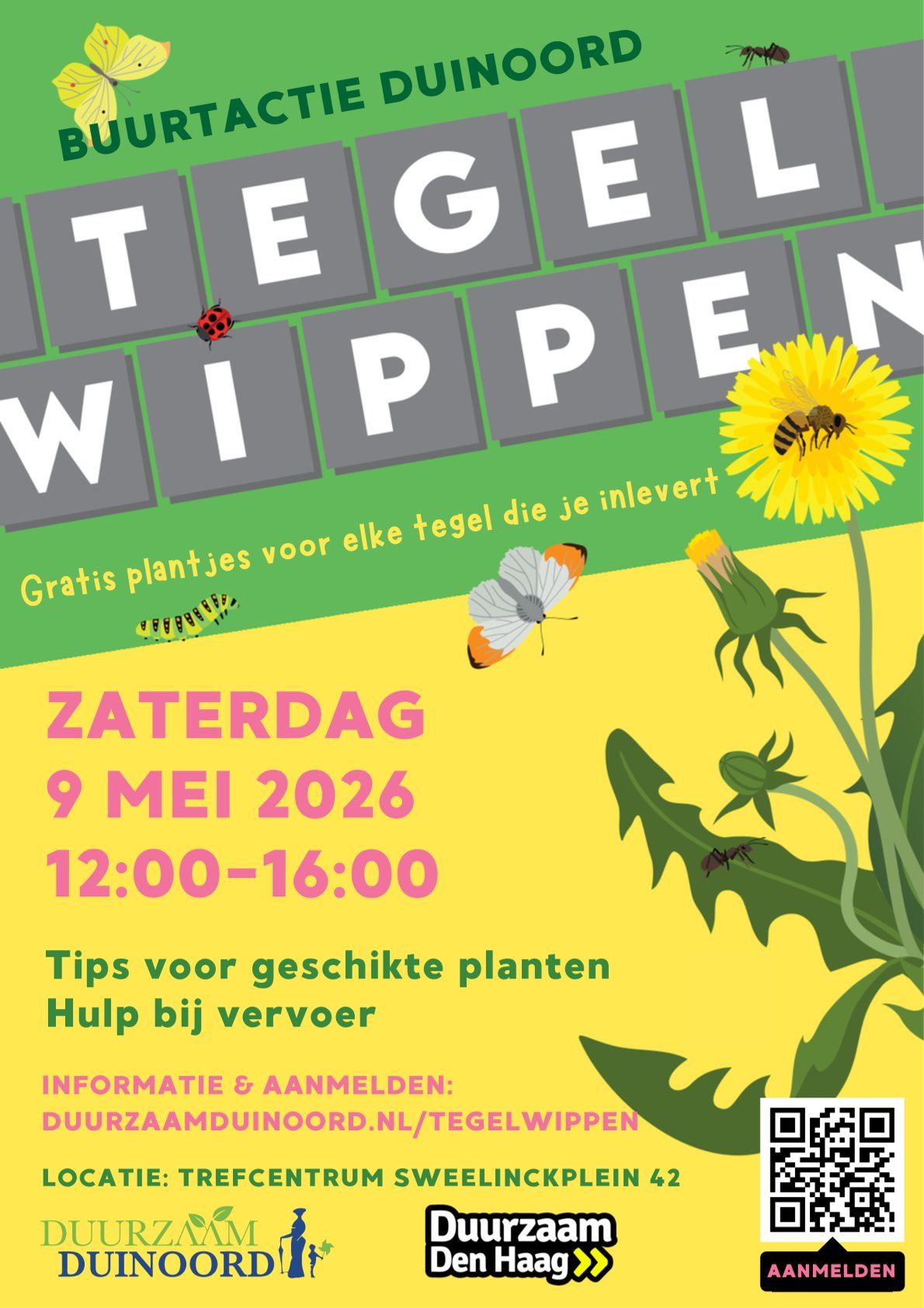 Collage: Bouwvakker, graafmachine, leidingen, gebouw met airconditioning. Tekst: 