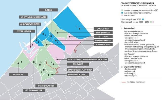 Collage: Bouwvakker, graafmachine, leidingen, gebouw met airconditioning. Tekst: