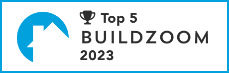 A BuildZoom Top 5 award badge from 2023 with a blue circular house icon and a trophy symbol on a white background.