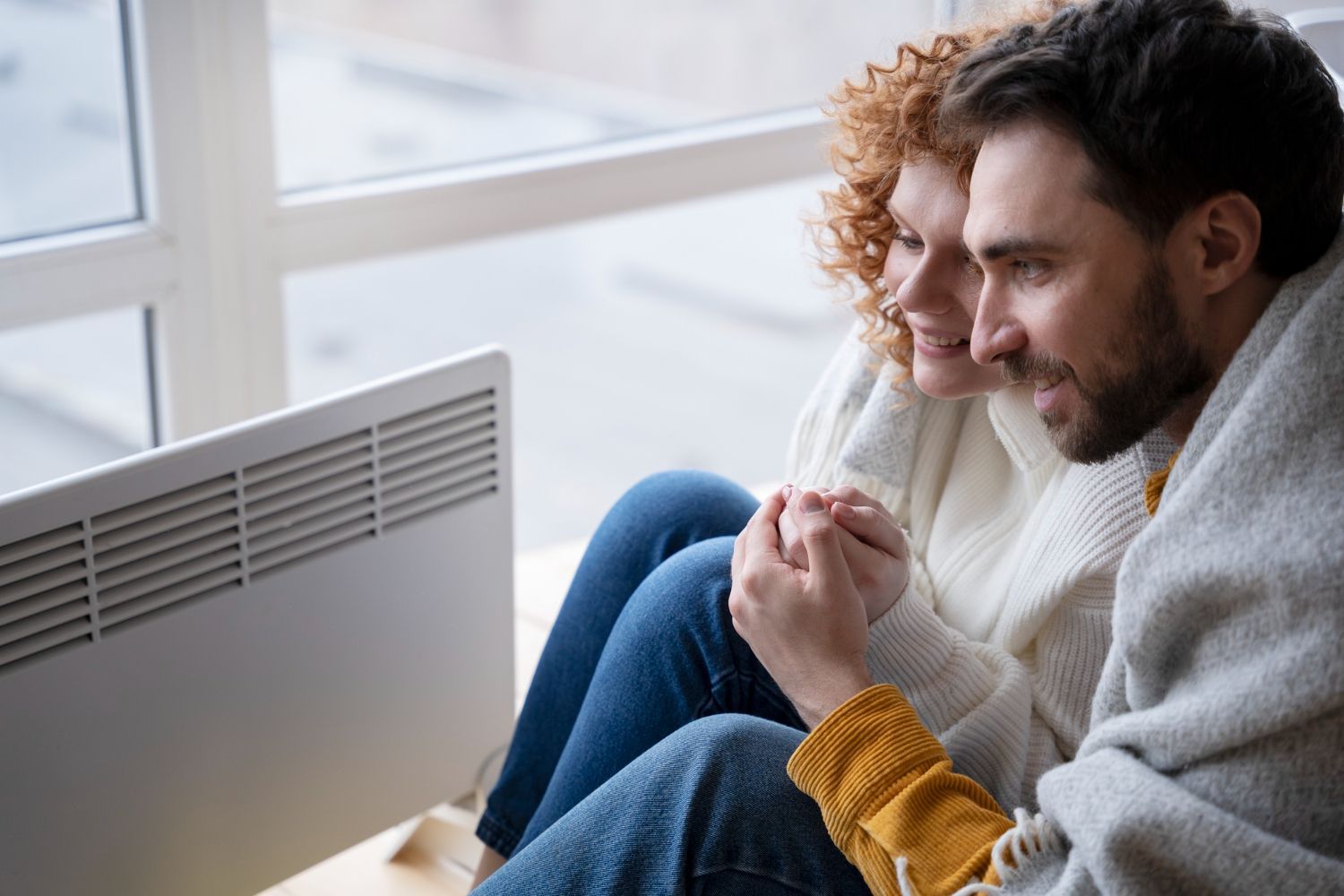 Couple sits by a window, wrapped in a blanket, holding hands near a heater; both smiling.