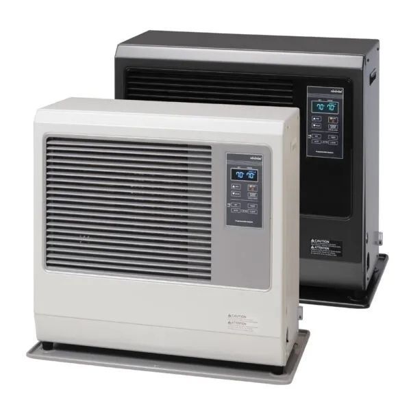 Two wall-mounted heaters, one white and one black, with front grilles and control panels