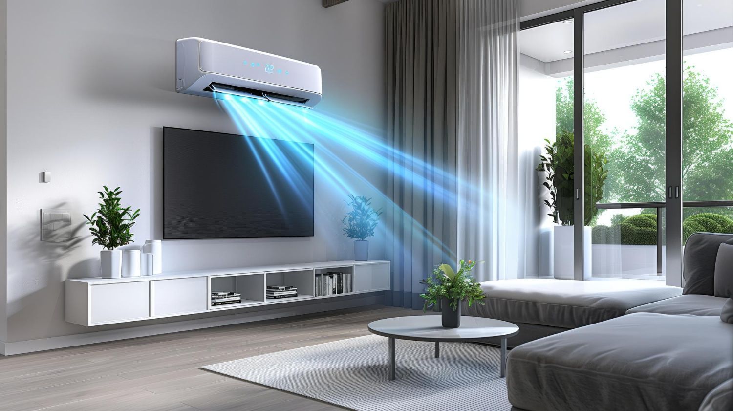 Air conditioner blowing cool air in a modern living room with a TV, couch, and plants.