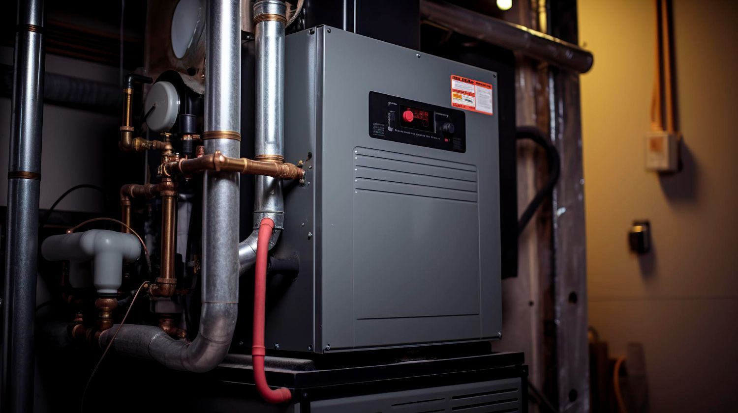 Furnace in a basement, with pipes and control panel. Gray metal housing.