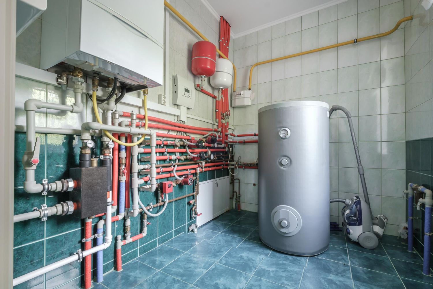 A utility room with a large water heater, pipes, and other mechanical equipment on teal tiled walls.