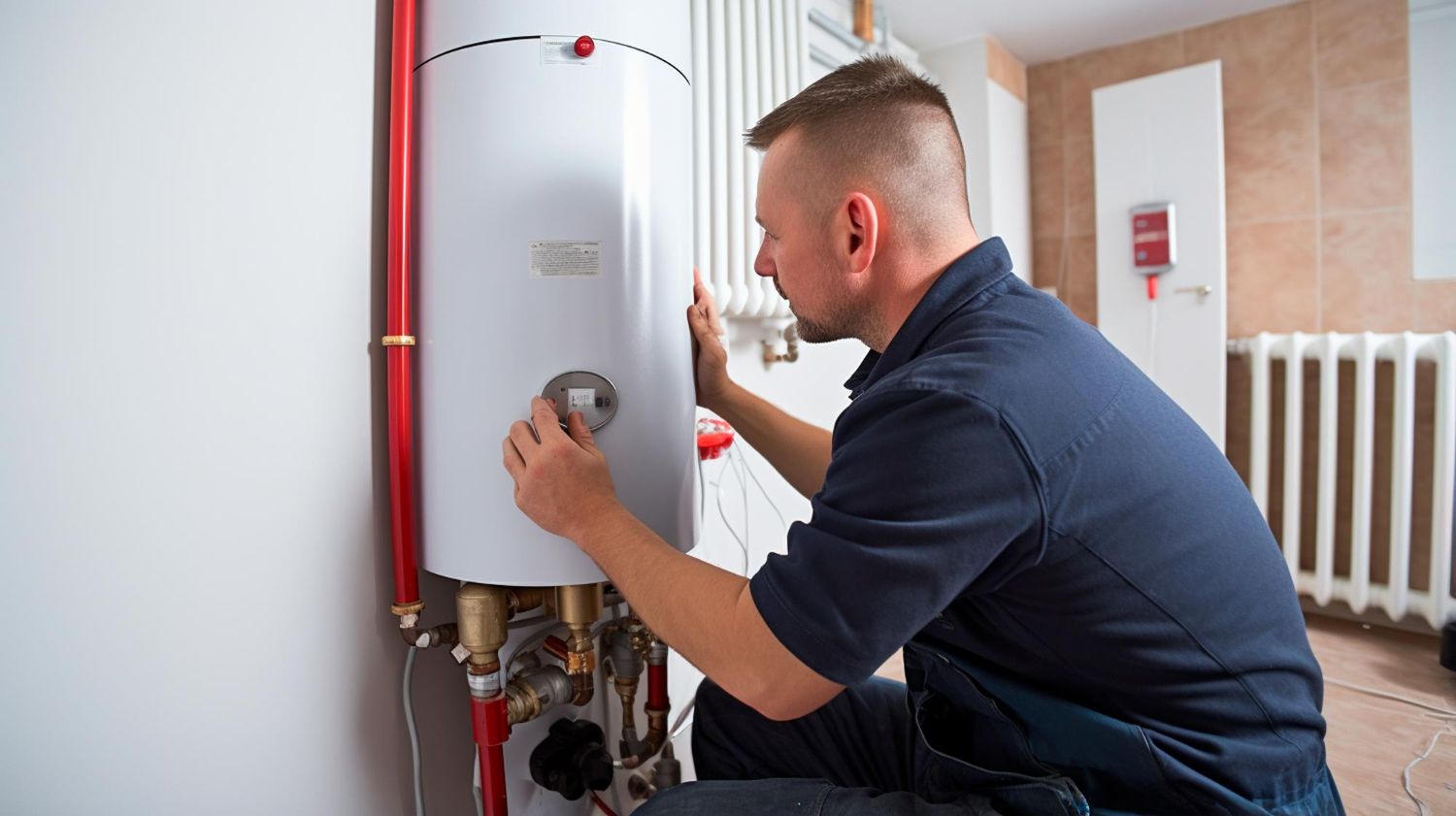 Plumber examines a white water heater, installing or repairing it in a room.