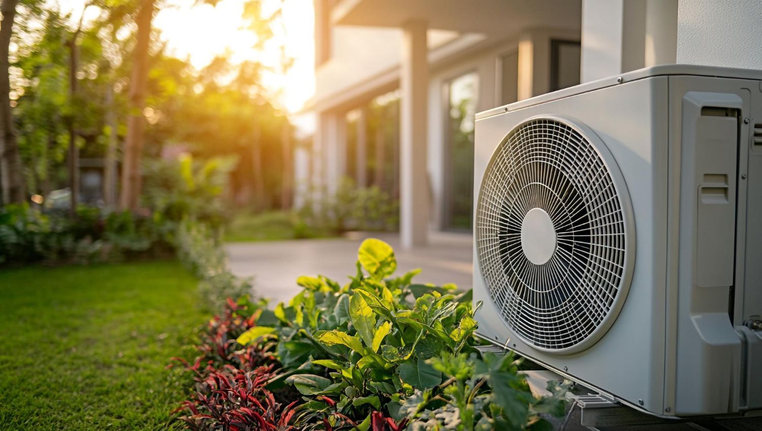 Air conditioning unit outside a house with green plants and sunlight.