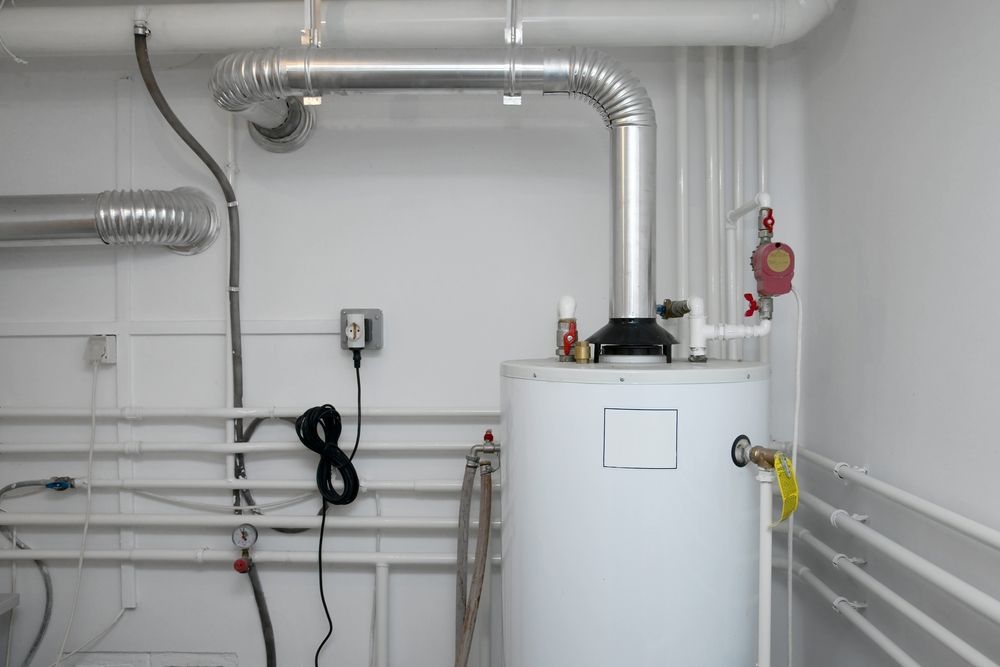 There is a water heater in the corner of the room.