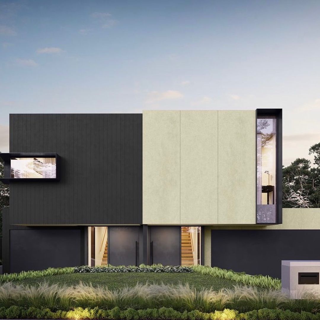 An artist 's impression of a modern house with a large window