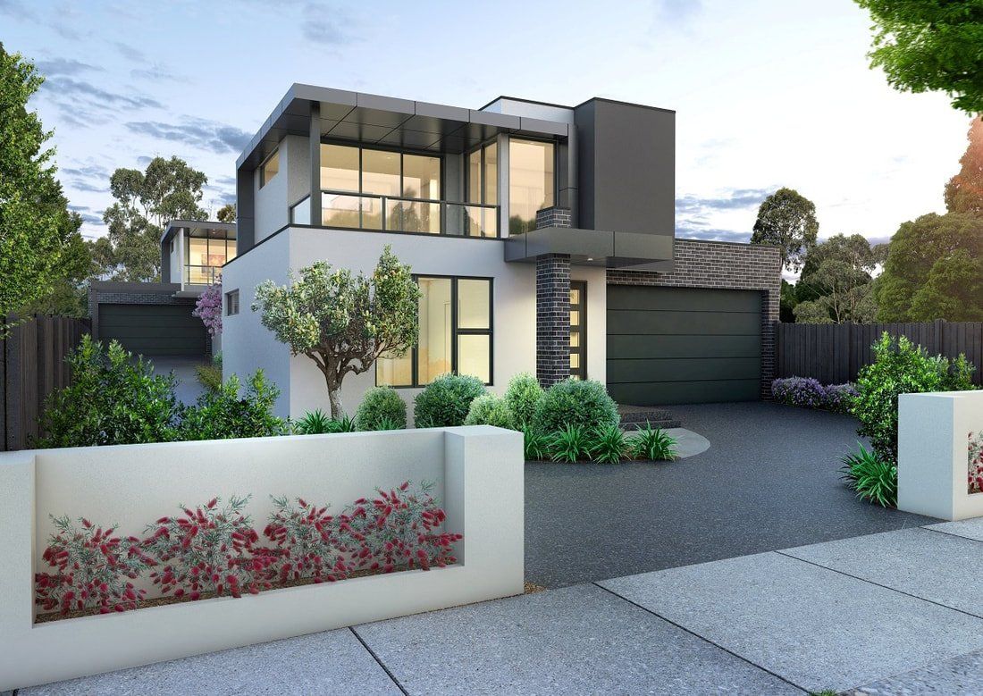 An artist 's impression of a modern house with a black garage door