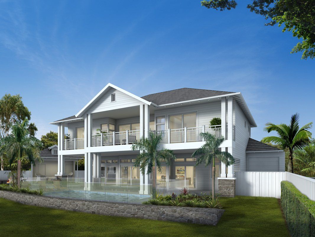 An artist 's impression of a large white house with a pool