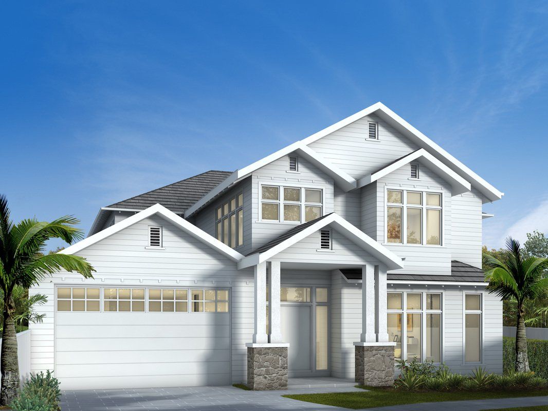 An artist 's impression of a white house with a garage and palm trees in front of it.