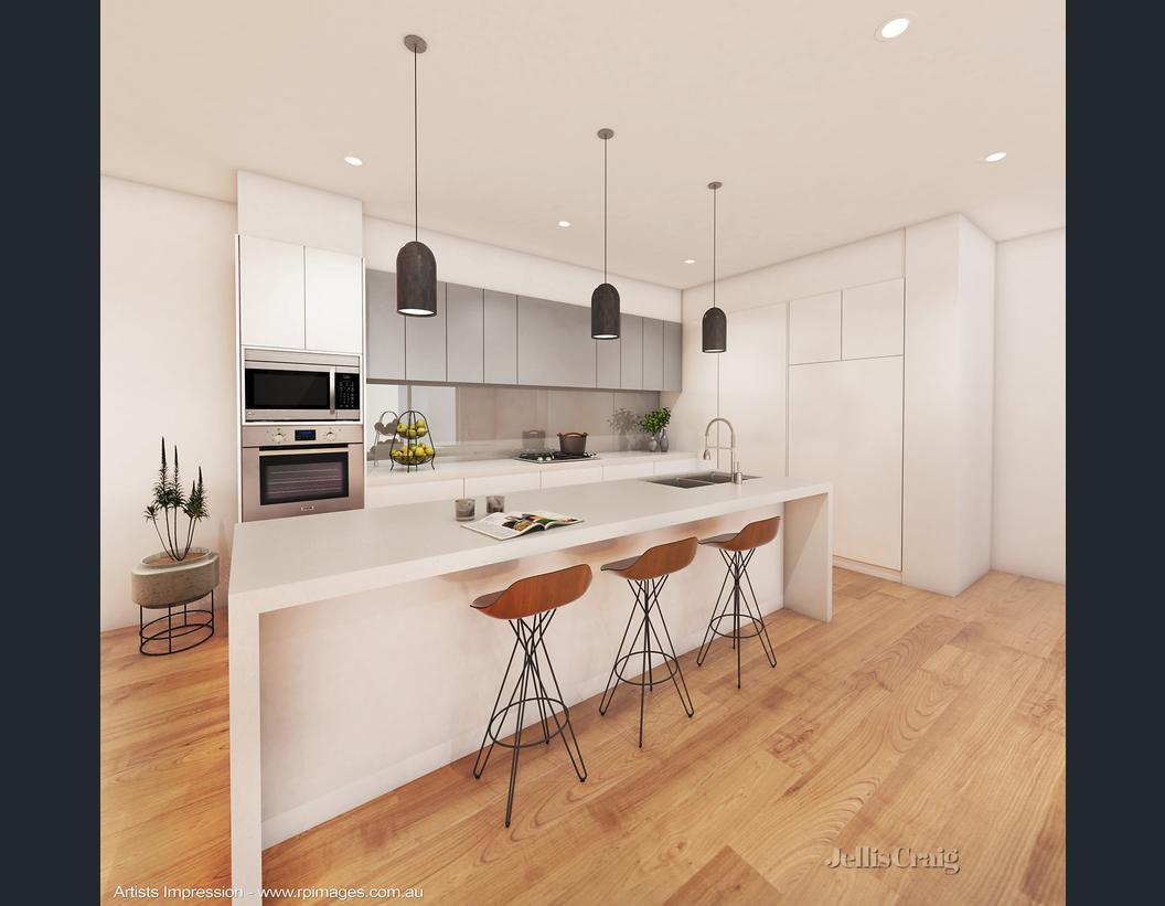 An artist 's impression of a kitchen with white cabinets and wooden floors.