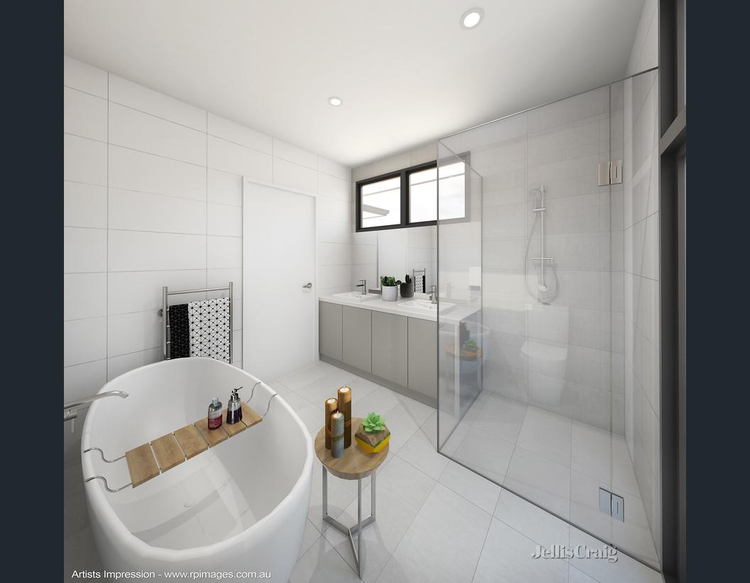 An artist 's impression of a bathroom with a bathtub and a walk in shower.