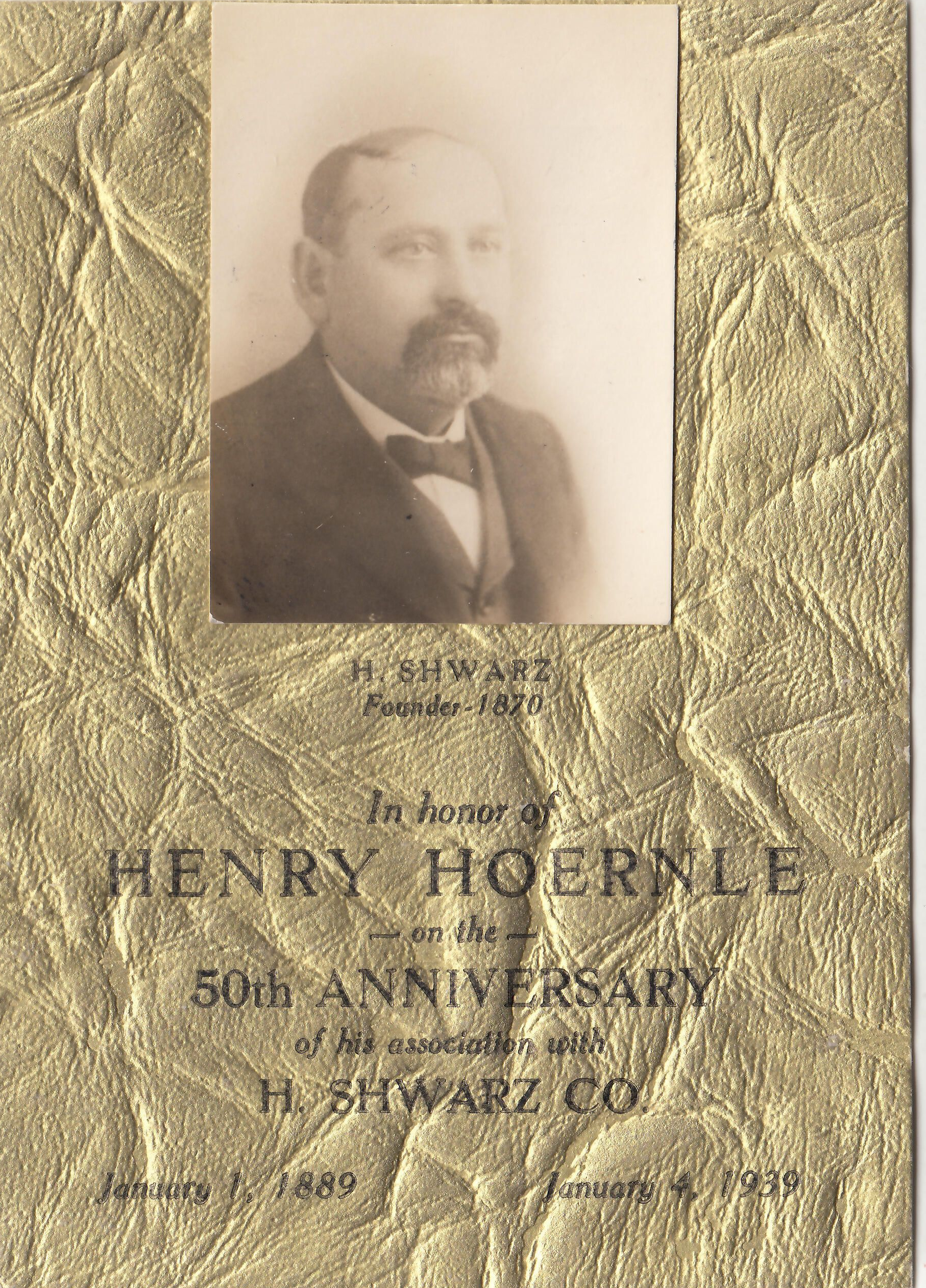 A photograph of Herman Shwarz, founder of Shwarz Hardware, on a commemorative card.