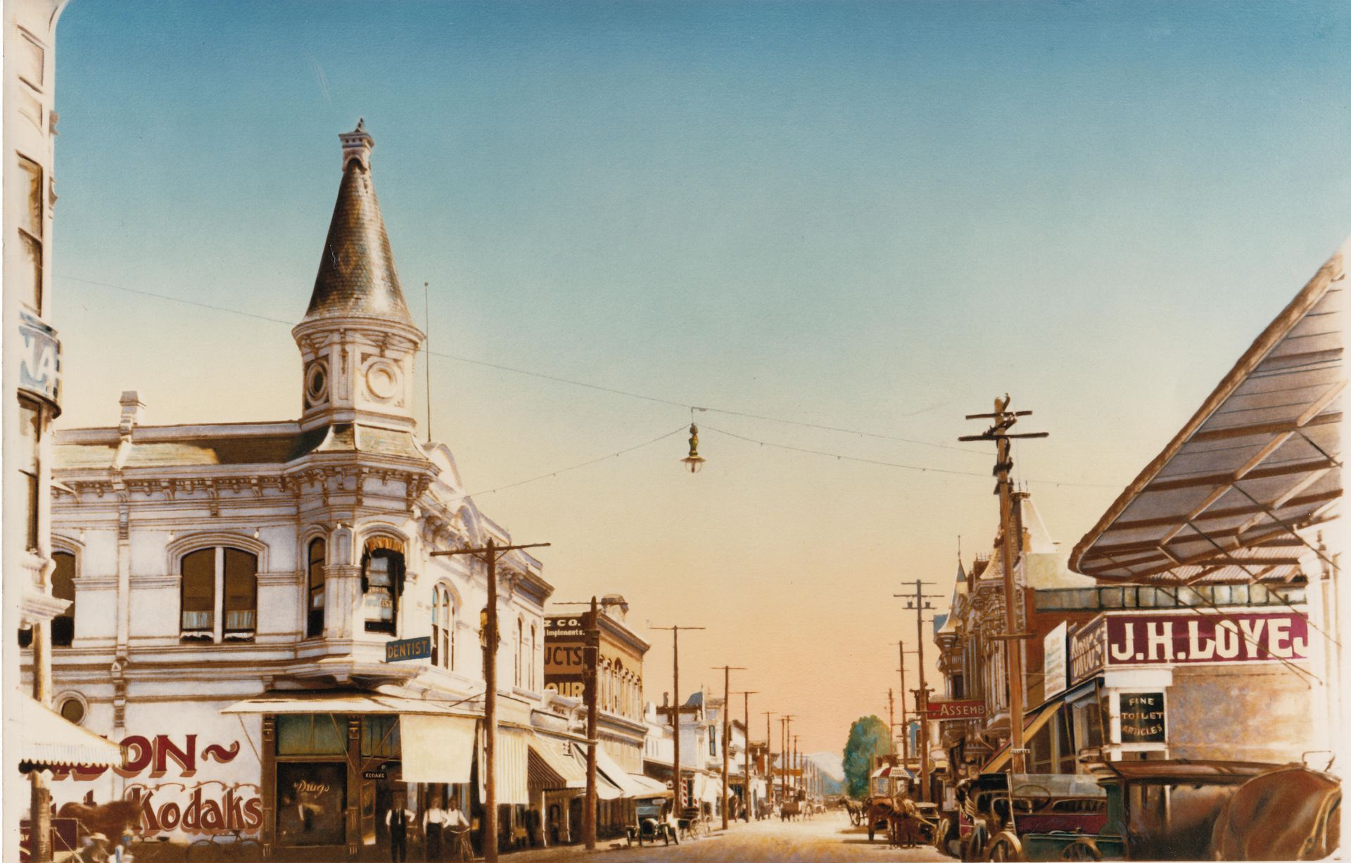 Colorized image of First and Main Streets in downtown Napa, showing the Winship Building on the left and J. H. Lovejoy drug store on the right.