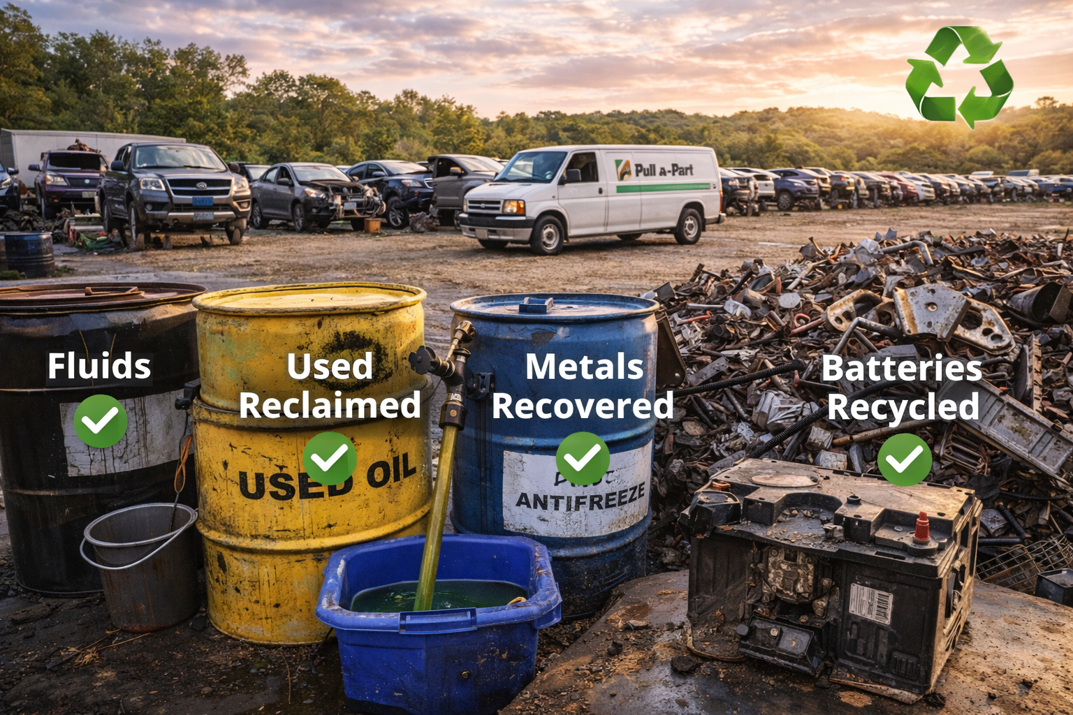 Recycling yard with barrels of fluids, used oil, metals, and batteries, all labeled for recovery, with vehicles in background.