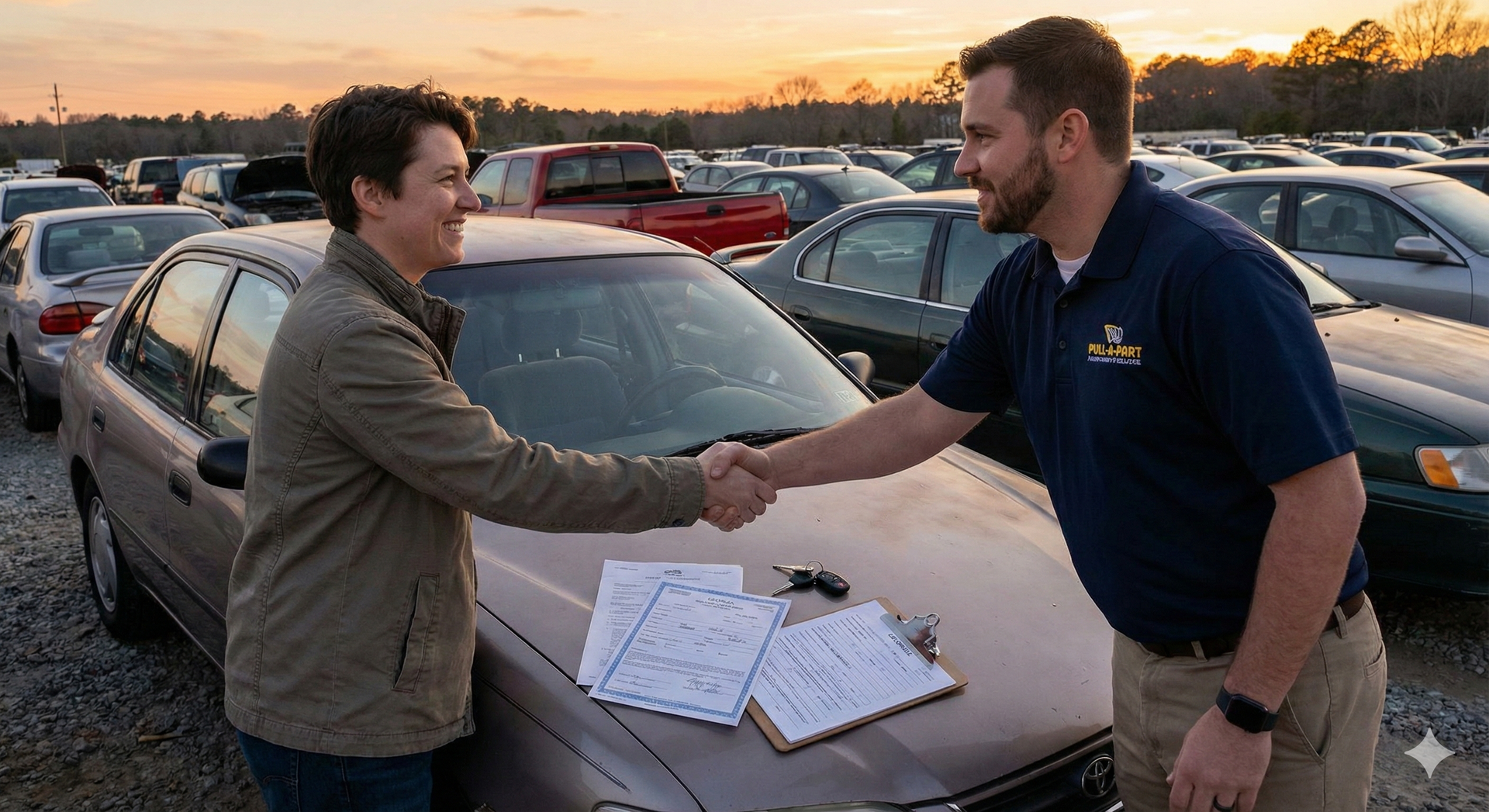 Two people shaking hands over paperwork in a car lot at sunset.