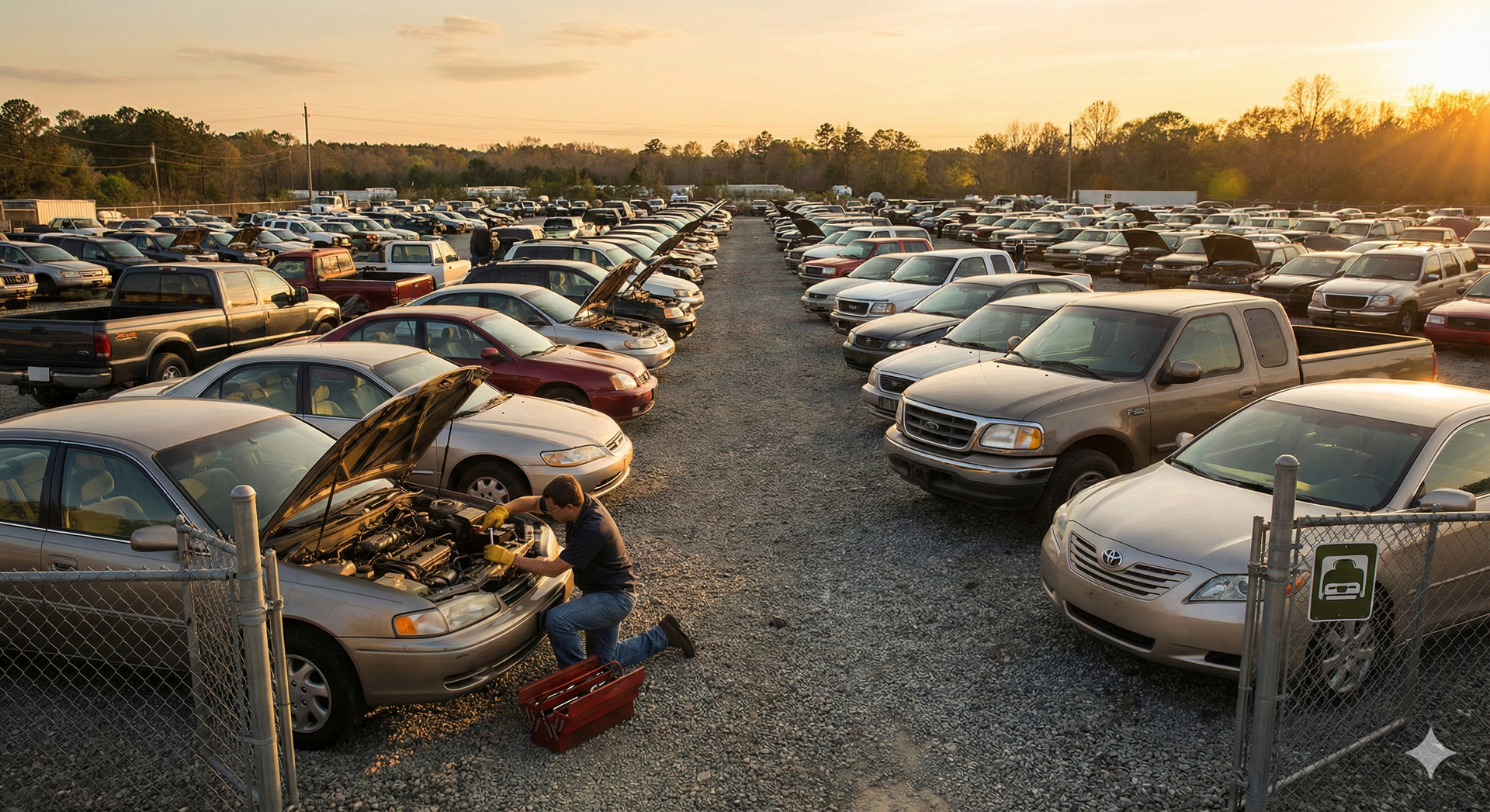 Rows of cars in a junkyard; person working on a car with the hood open, sunlight in the background.