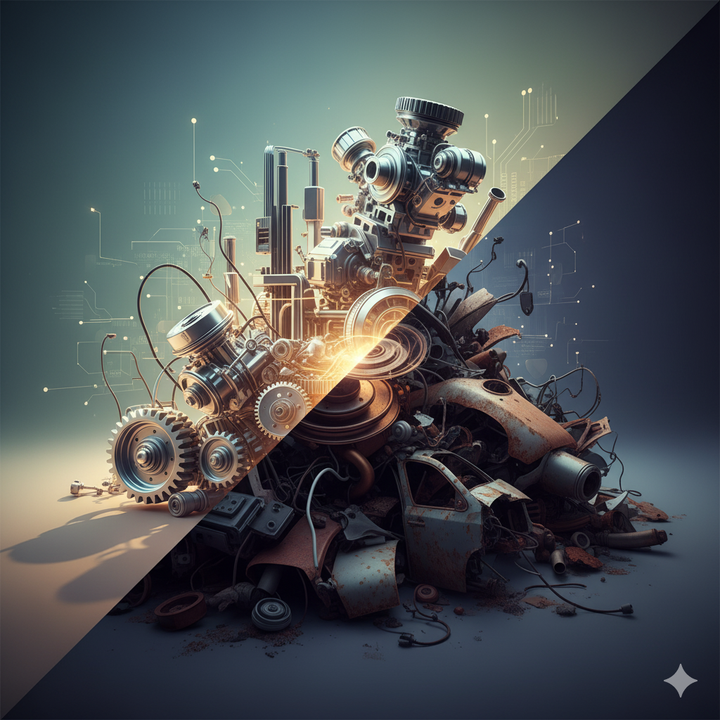 Split image of a gleaming engine and a pile of rusted car parts, bisected by light.