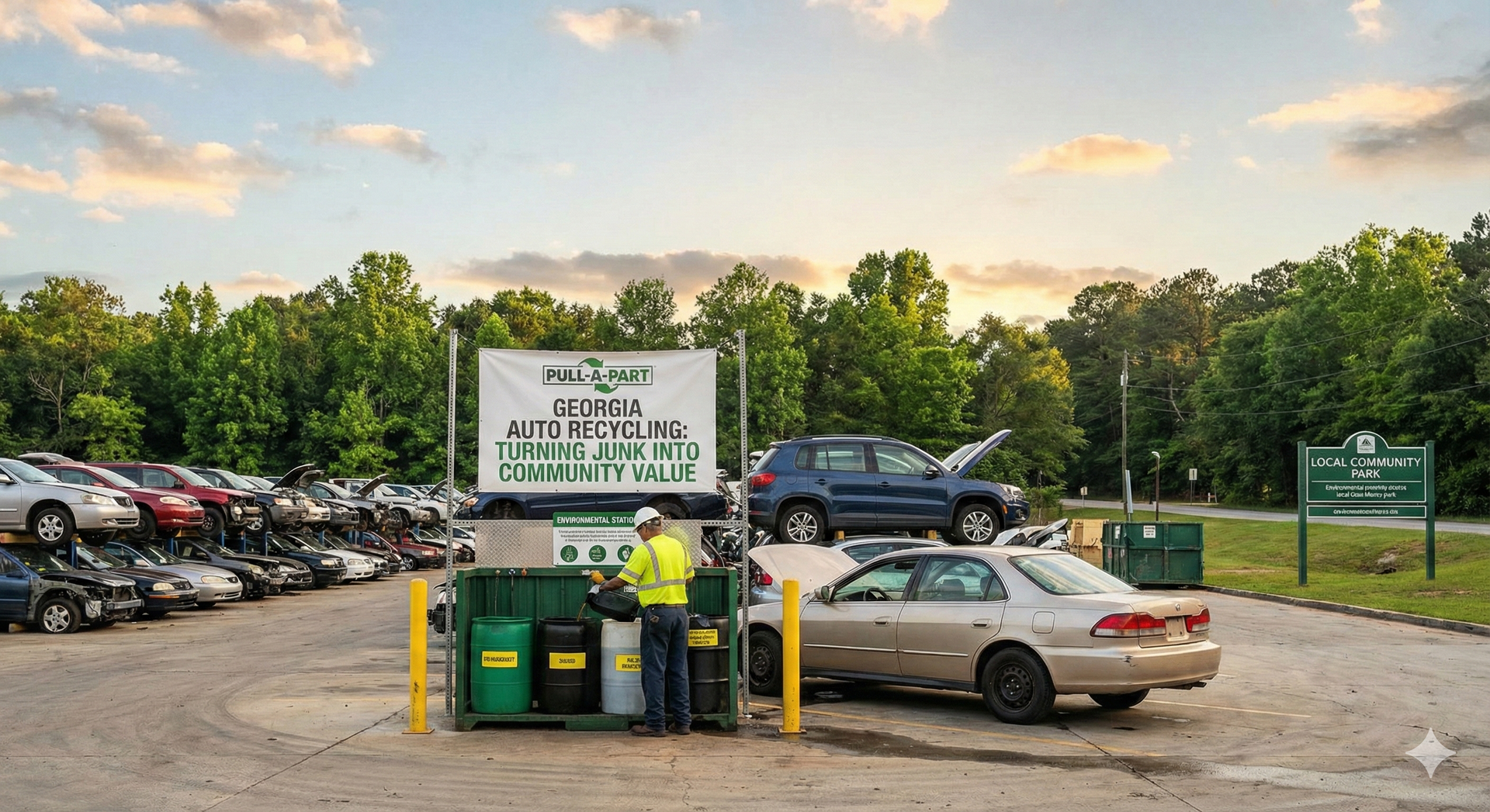 Junk car recycling site. A worker next to a dumpster; cars in rows, sign, trees, blue sky.